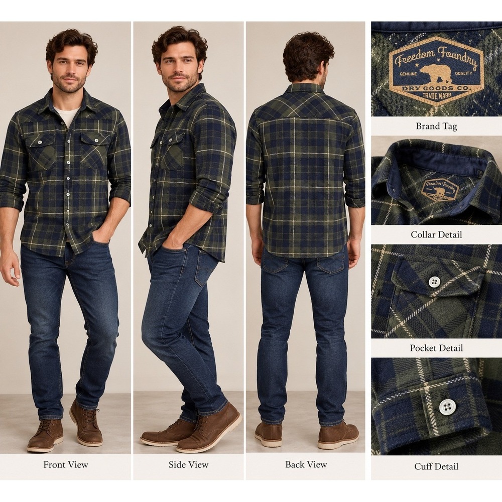 Freedom Foundry Fleece Flannel Men M Green Blue Excellent Americana Workwear